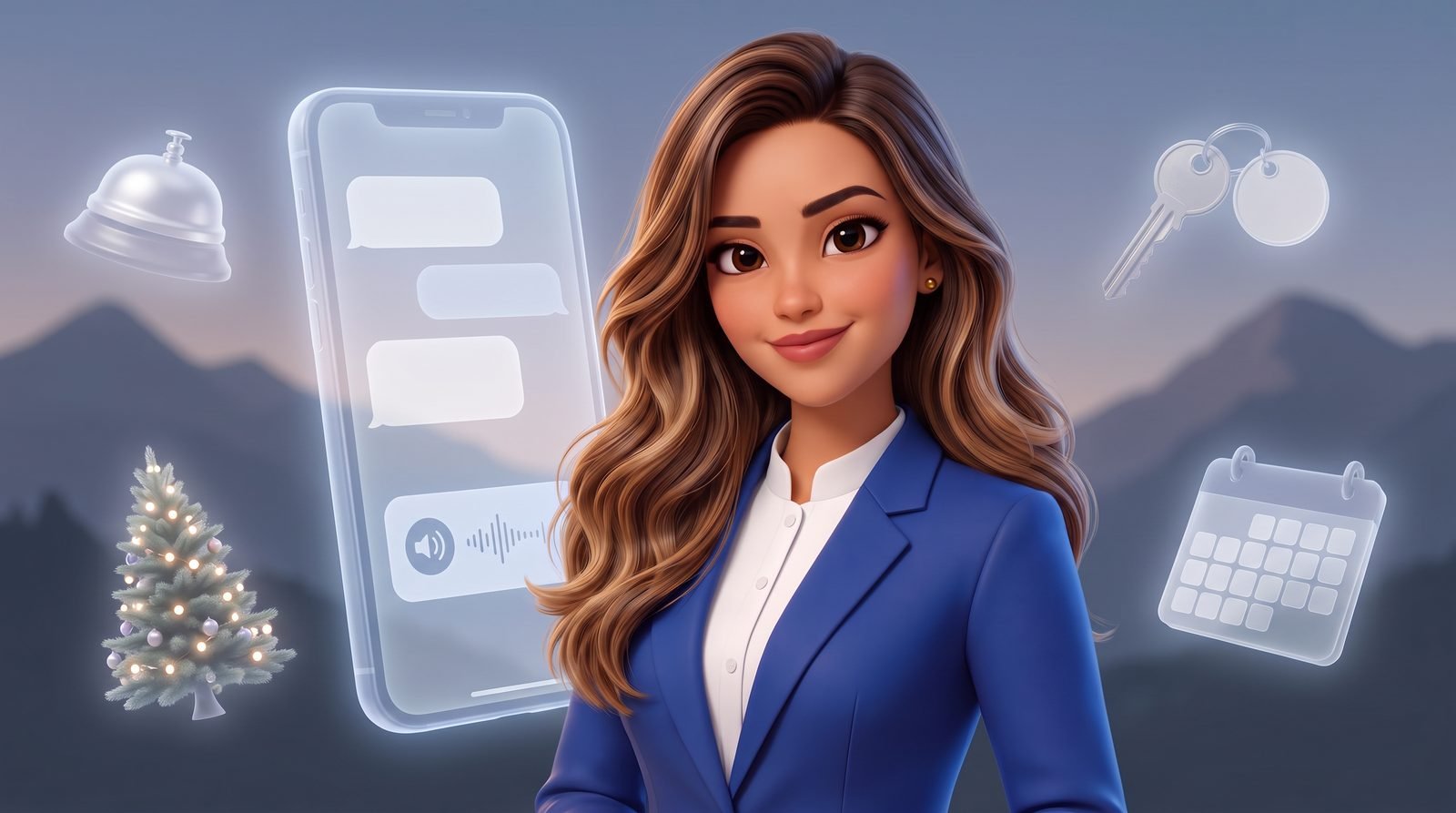 A Gaia ao lado de um celular com uma conversa aberta, cercada de elementos de hotel de serra