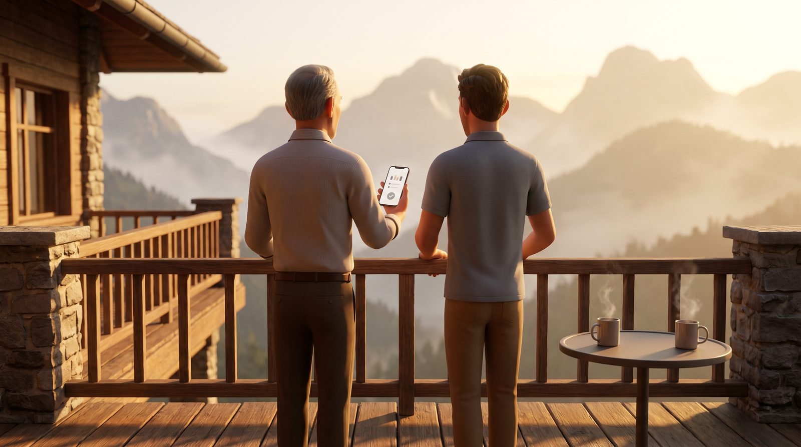 Pai e filho numa varanda de hotel de serra pela manhã, lendo o resumo do dia no celular