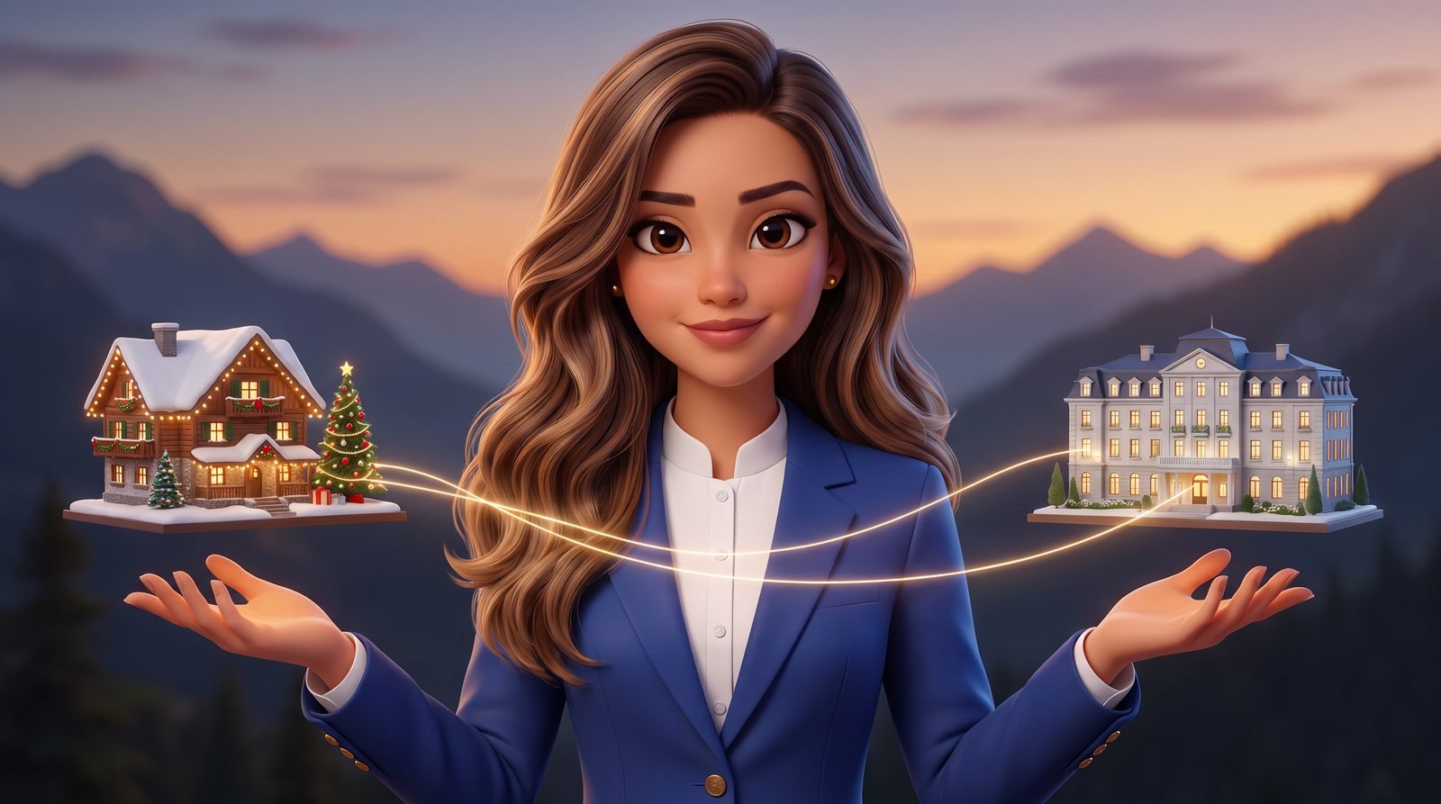 A Gaia entre as miniaturas de dois hotéis de serra, ligadas por fios de luz