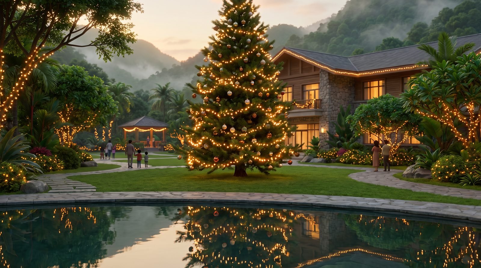 Jardim de hotel de serra decorado para o Natal ao anoitecer, pinheiro iluminado e piscina ao fundo