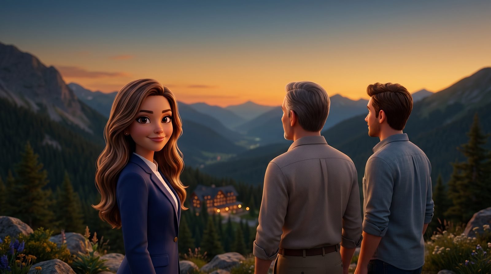 Pai, filho e a Gaia lado a lado, olhando o vale e as montanhas no entardecer